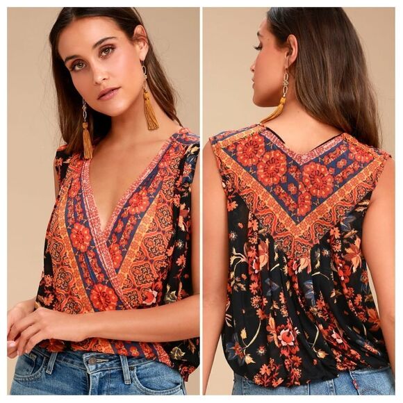 Free People Havana Black Floral Print Sleeveless Surplice Top Small - Picture 1 of 11